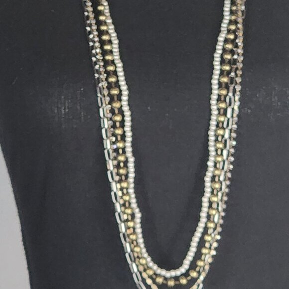 Chico's Silver Gold White Faux Pearl Crystal Ball Chain Box Link 36" Necklace - Picture 2 of 16